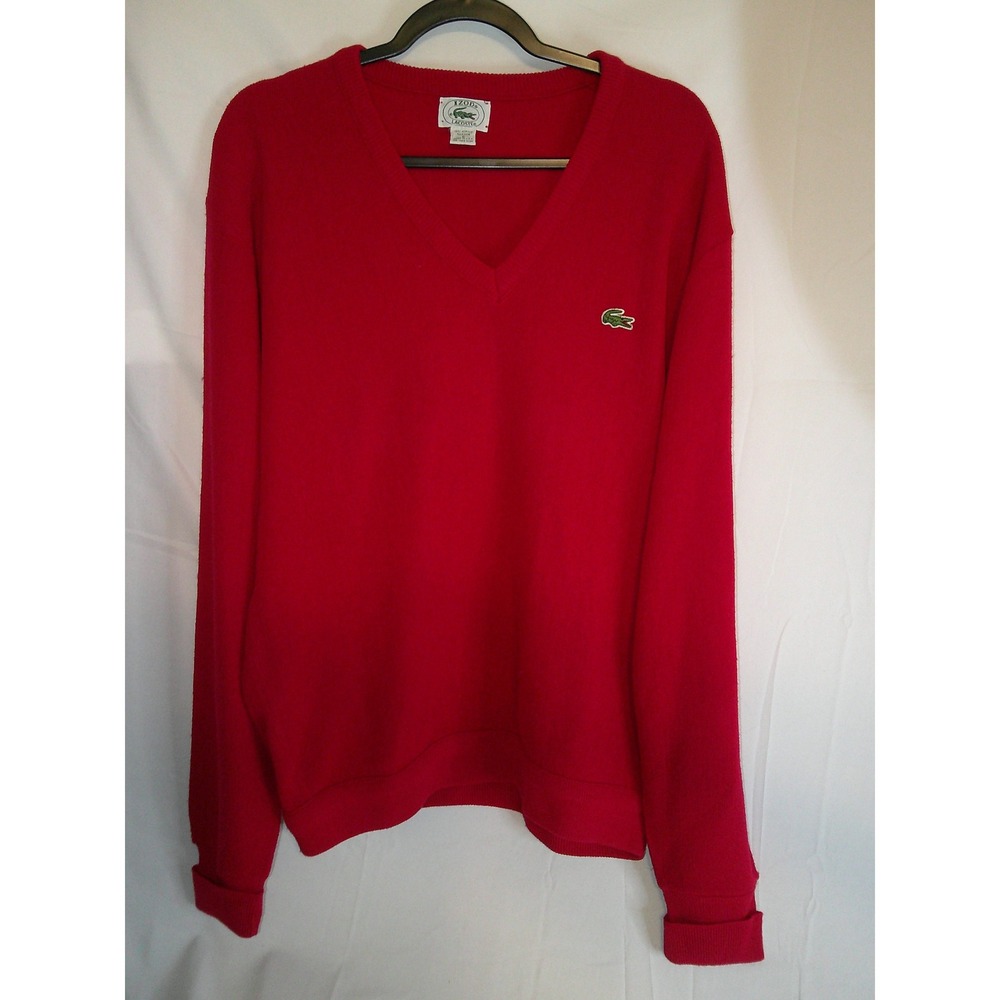 Vintage IZOD Lacoste Mens Red V-Neck‎ Long Sleeve Sweater Classic Preppy Large